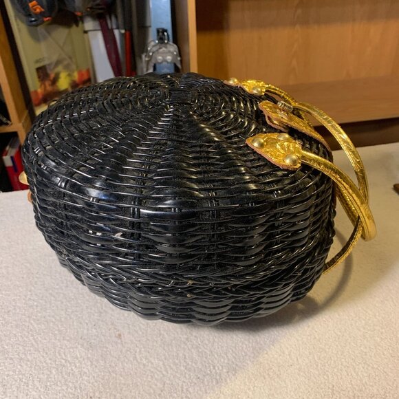 Vintage British Hong Kong Woven Wicker Basket Purse Handbag Black Gold - Picture 4 of 11